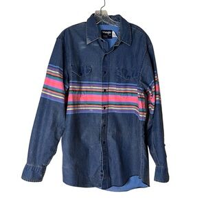WRANGLER Brushpopper Shirt Blue Stripes Button Up Mens Size 16 1/2 x 32 VINTAGE